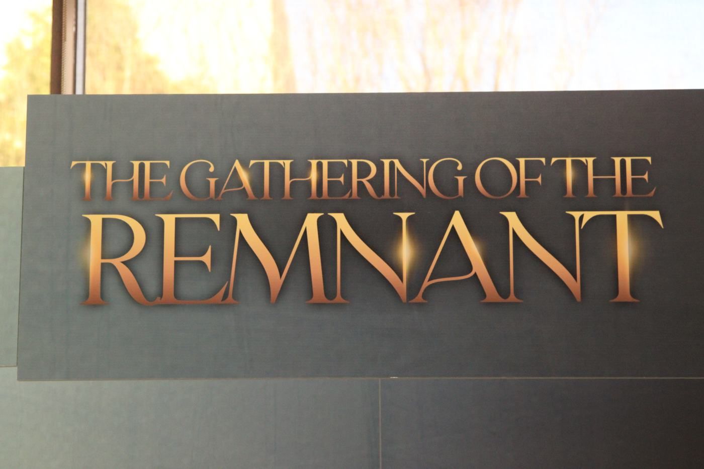 The Gathering of the Remnant sign in bronze lettering